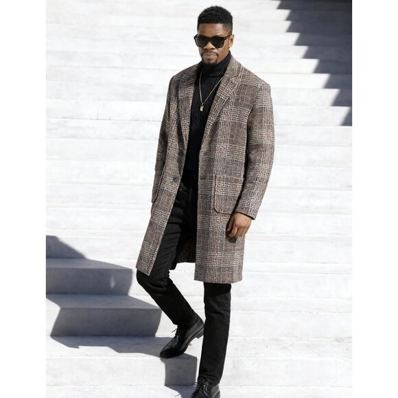 Men's Khaki Winter Single-Breasted Trench Coat with Notched Collar Pockets - Picture 3 of 9